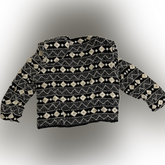 Beaded Blazer Crew Neck w Shoulder Pads Formal Black White Womens Size 2X Papel - Picture 3 of 11